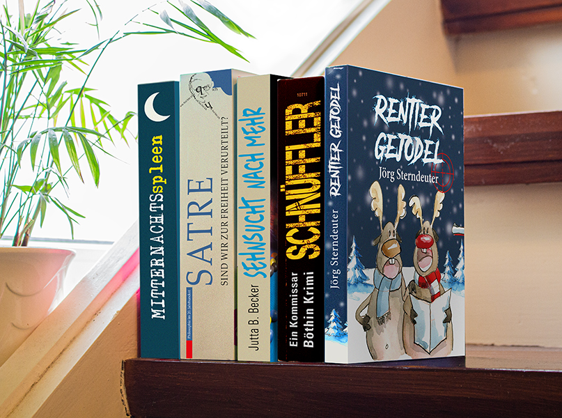 Grafik-Lösungen fürs Self Publishing. Produktfoto. 5 Bücher auf einer Treppe. Cover-Entwürfe von Sandra Viehweg.