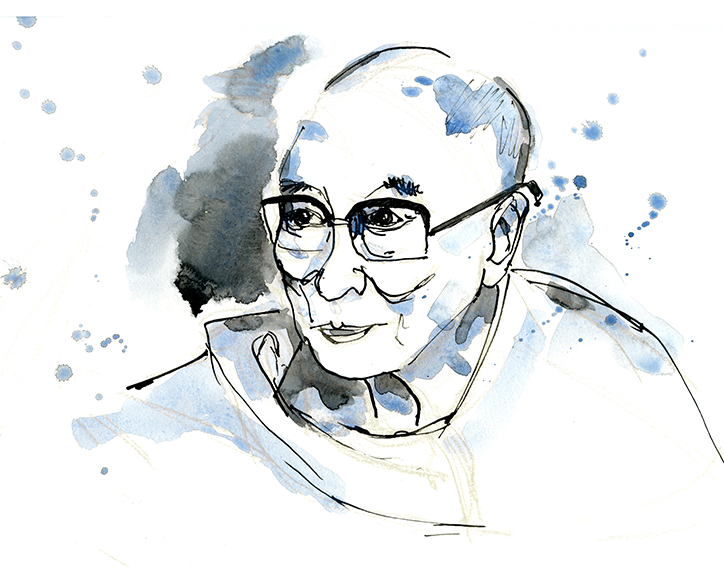 Aquarellporträt des Dalai Lama.