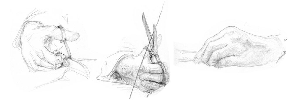 Bleistiftzeichnung von Händen bei der Arbeit. Thema: Grundausstattung fürs Zeichnen