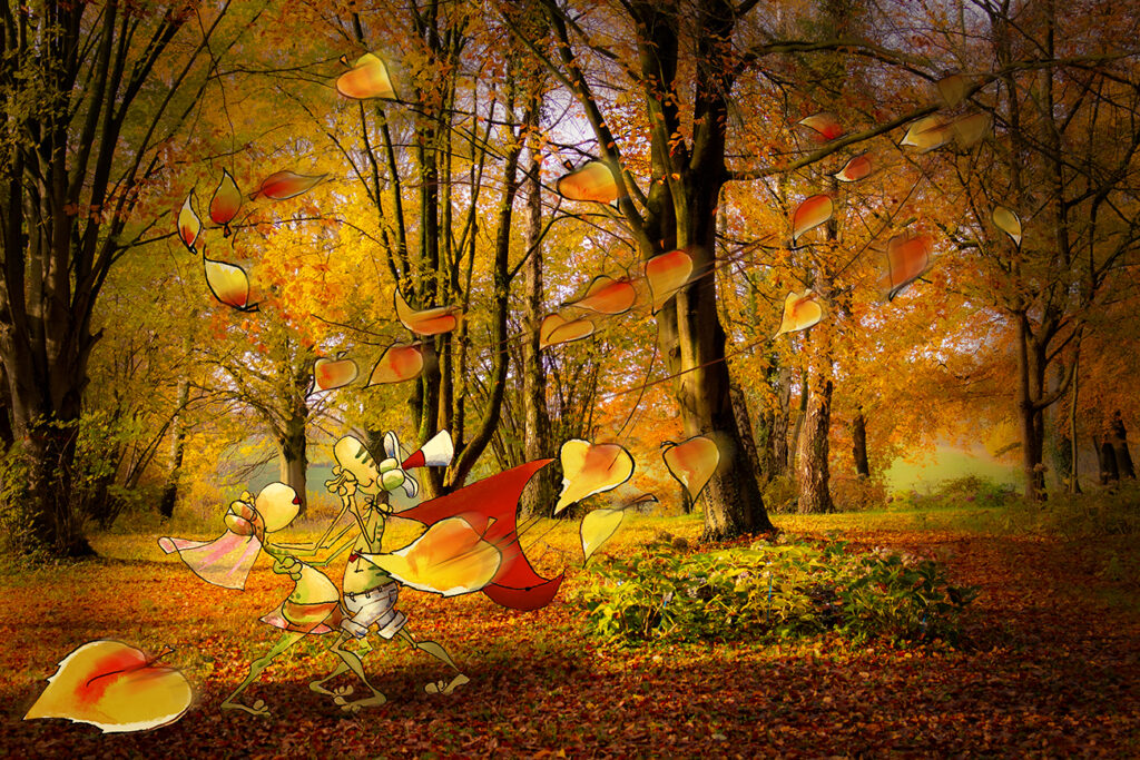 Hochzeitstanz im Herbstwald - Kombination aus Illustration und Fotografie