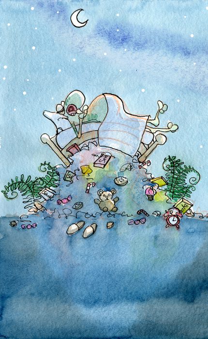 Matze_Bett_Schoki_Illustration_Tusche-Aquarell_Sandra-Viehweg Superfrosch schläft immer auf einem Berg von Schokolade